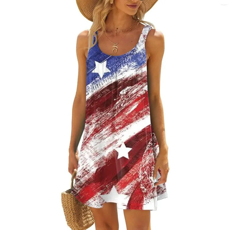 Sukienki swobodne kobiety niepodległości drukowana sukienka z czołgiem Krótkie lato 2024 Bez rękawów panie luźne A-Line Beach Sundress