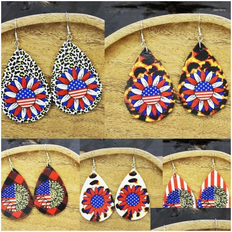 Boucles d'oreilles en lustre en peluche 2023 Drop d'eau de style Pu Leopard Print Sunflower American Flag Imprimée Quatrième de Jy Jewelry Wholesale D Dhagp