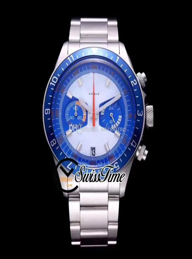 NOUVEAU M70330 MIYOTA Quartz Chronograph Mens Watch Arear Case Bleu Inner White Digne Bracelet en acier inoxydable Swisstime B56B9385904