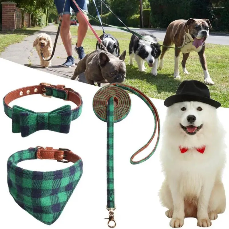 Dog Apparel 3Pcs/Set Kitten Collar Kit Plaid Print Control Thick Traction Rope Bib