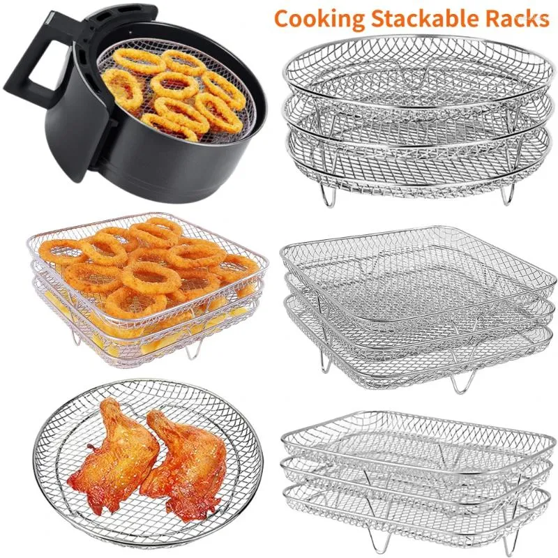 Double Boilers 3-layers Roasting Rack Air Fryer Accessories Stainless Steel Stackable Grid Grill Kitchen Oven Steamer Cooker Gadgets