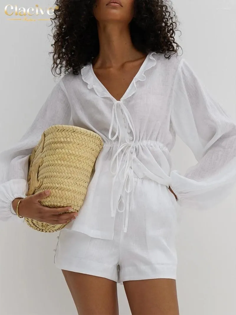 Kvinnors träningsdräkter Claciive Casual Loose White Cotton 2 Piece Set Women Outfit 2024 Fashion Long Sleeve Ruffle Shirt med High Wasit Shorts