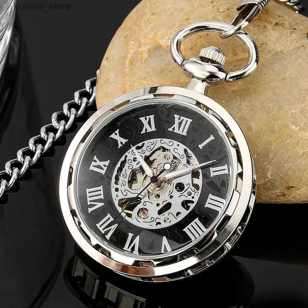 Pocket Watches Retro Pocket Skeleton Manual Wrapped Mechanical Pocket Antique Roman Digital Dial Pendant With Chain FOB Clock L240402