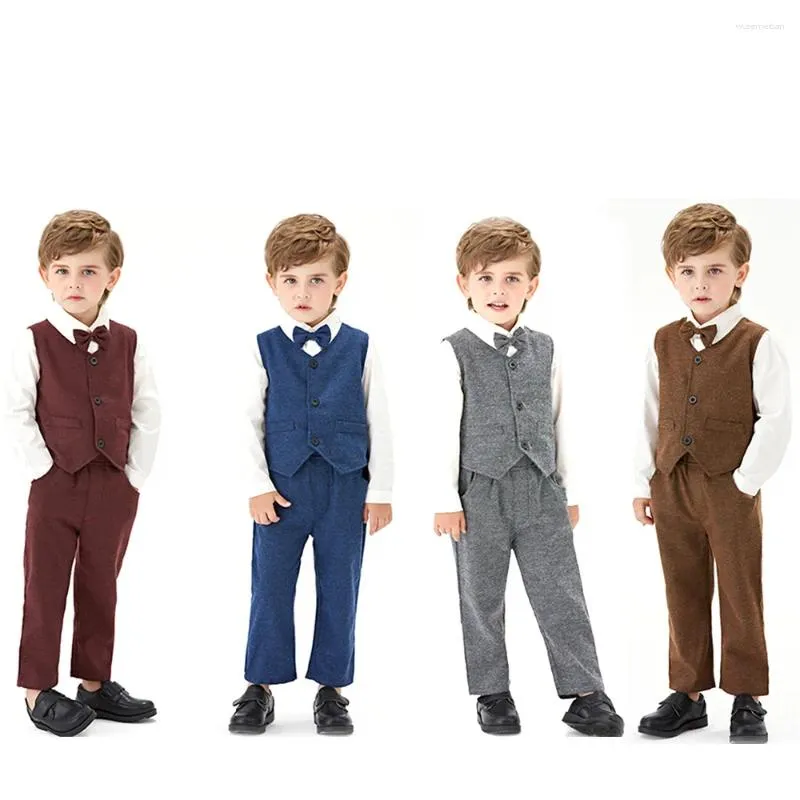 Kläderuppsättningar 2024 Spring Baby Formal Suit Kids Gentleman Clothes Boys Outfits Wedding Birthday Party Dress Cotton Suits Solid Vest