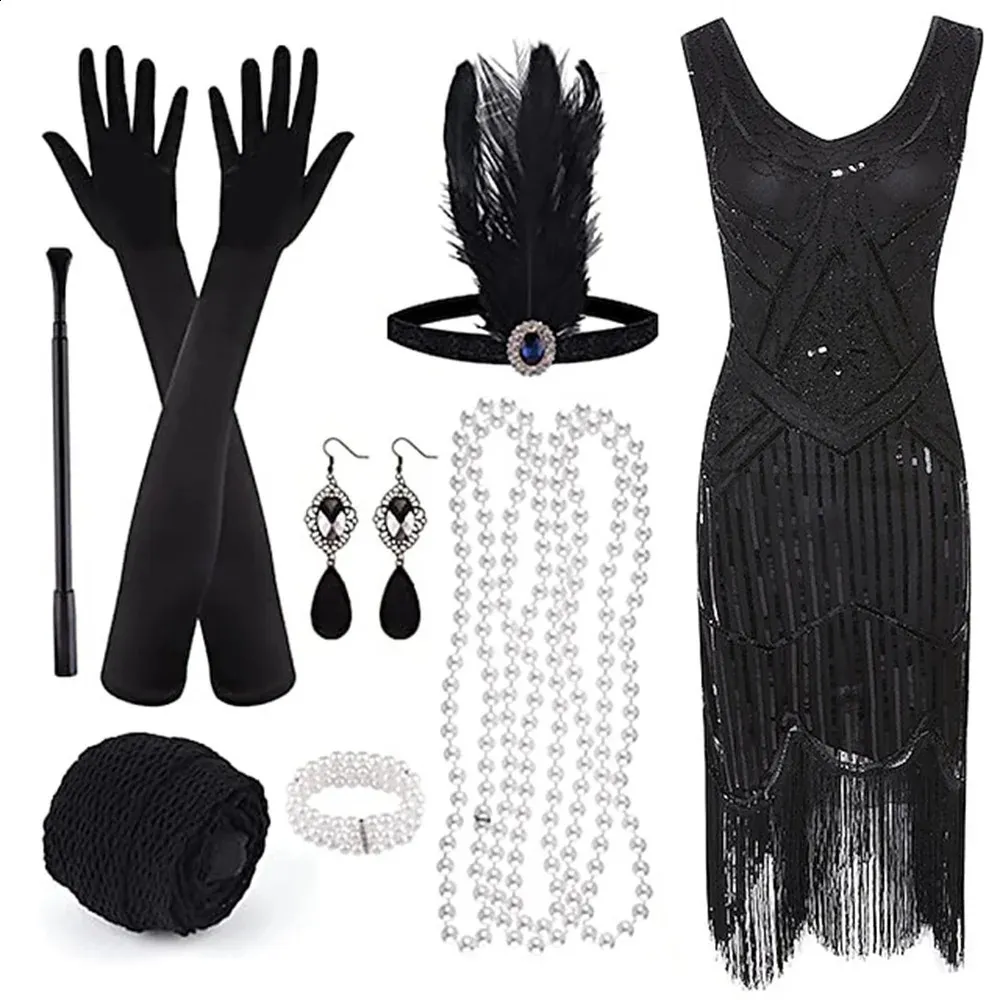 Retro 20s 1920s Flapper Dress Outfits Flapper Headband The Great Gatsby Womens Sequins Tassel Fringe Evening Dress240402