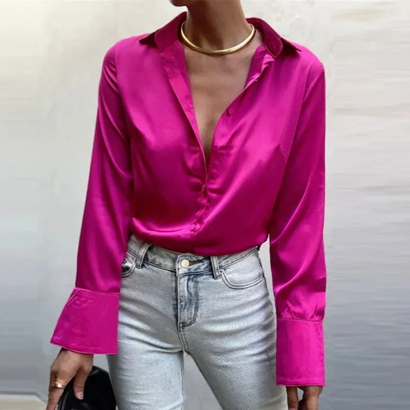 Long Sleeve Blouse Tops Women Shirt Green Button Up Lapel Loose Satin Camisas Elegant Spring Summer Office Ladies Shirts Top 240326