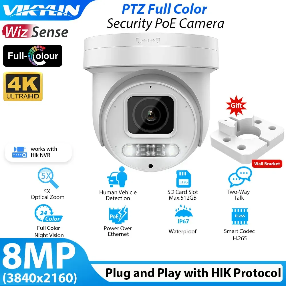 Kameralar Vikylin 8MP 4K IP Güvenlik Kamerası 5x Zoom Renk Gece Hikvision Uyumlu Poe Audio 512GB SD İnsan Aracı Tespit Kubbe Kamerası