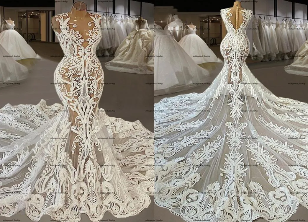 Robe de Mariee Lace Mermaid Hochzeitskleider mit Gerichtszug Illusion Neck Applique Blumenbrautkleid Plus Größe Türkei Vestido de N2246698