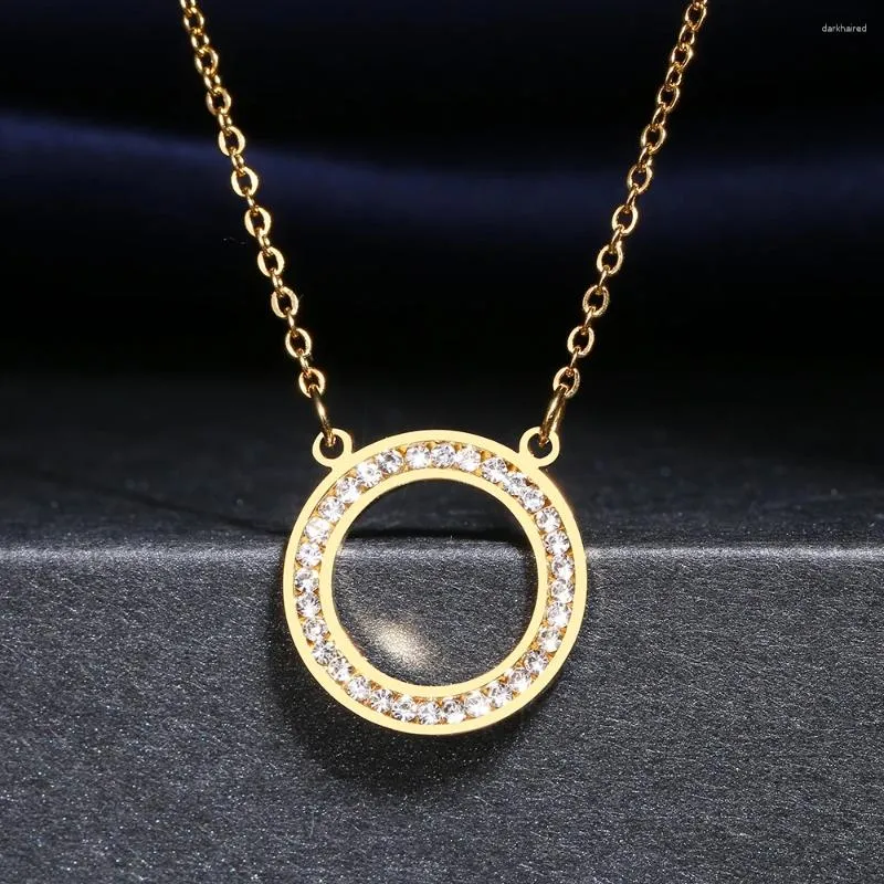 Chaines Colliers en acier inoxydable Crystal Zircon Hollow Round Fashion Pendant Chain Collier Collier pour femmes Bijoux Party Mariage Cadeau