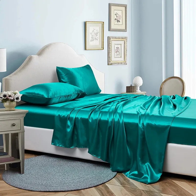 Wysokiej klasy Rayon Queen Bed Arkusz Luksusowy satynowy king size Arkusze łóżka 4 układy Upsałne podwójne prześcieradła i poduszki 240418