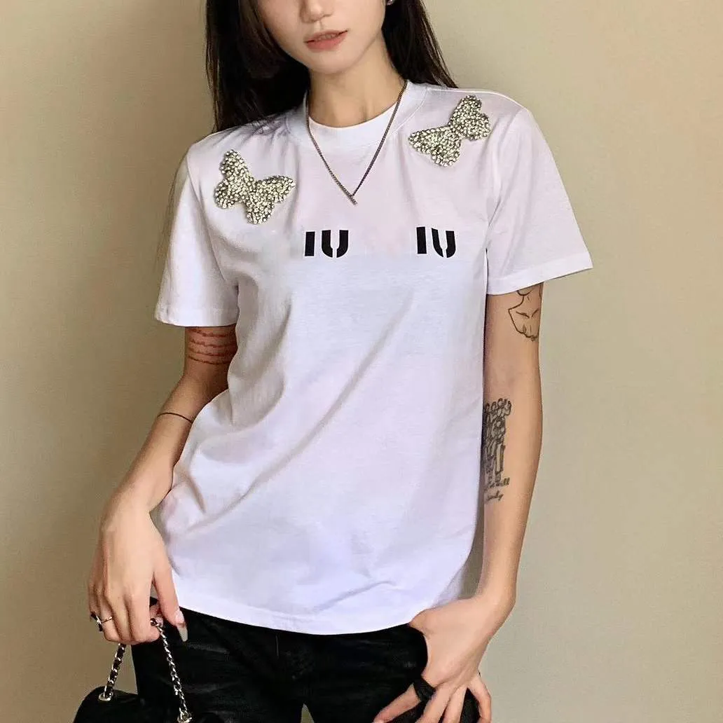 Top designer high-quality cotton sequin butterfly small round neck women's casual T-shirt 2024 spring/summer top