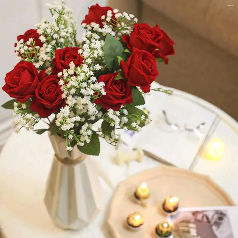 装飾的な花10 pcsバラの花のようなフェイクジプソフィラシルクのバラと人工ベビーブレスロングステムSブーケ