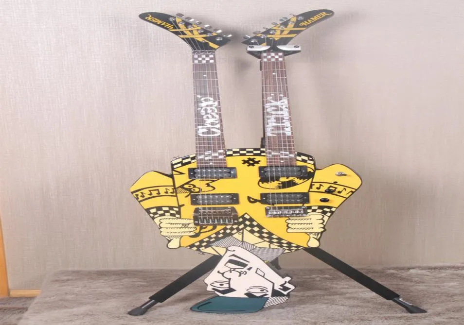 Promotion Cheap Trick039s Rick Nielsen Uncle Dick Double Neck Yellow Electric Guitar White Pearl Inlay Kahler Bridge on the l3465527