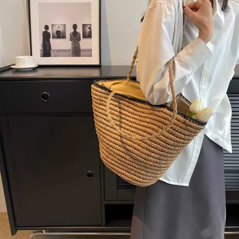 Daily Wear Beach Bags Summer Bag Large Capacity One Shoulder Tote Forest Series Bamboo Woven Grass Simple Handheld