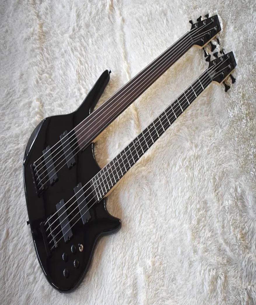 Guitare basse électrique noire à double cou d'usine avec 56 Stringsrosewood Fretboardone Fretlesshigh QualityCustalized6386899