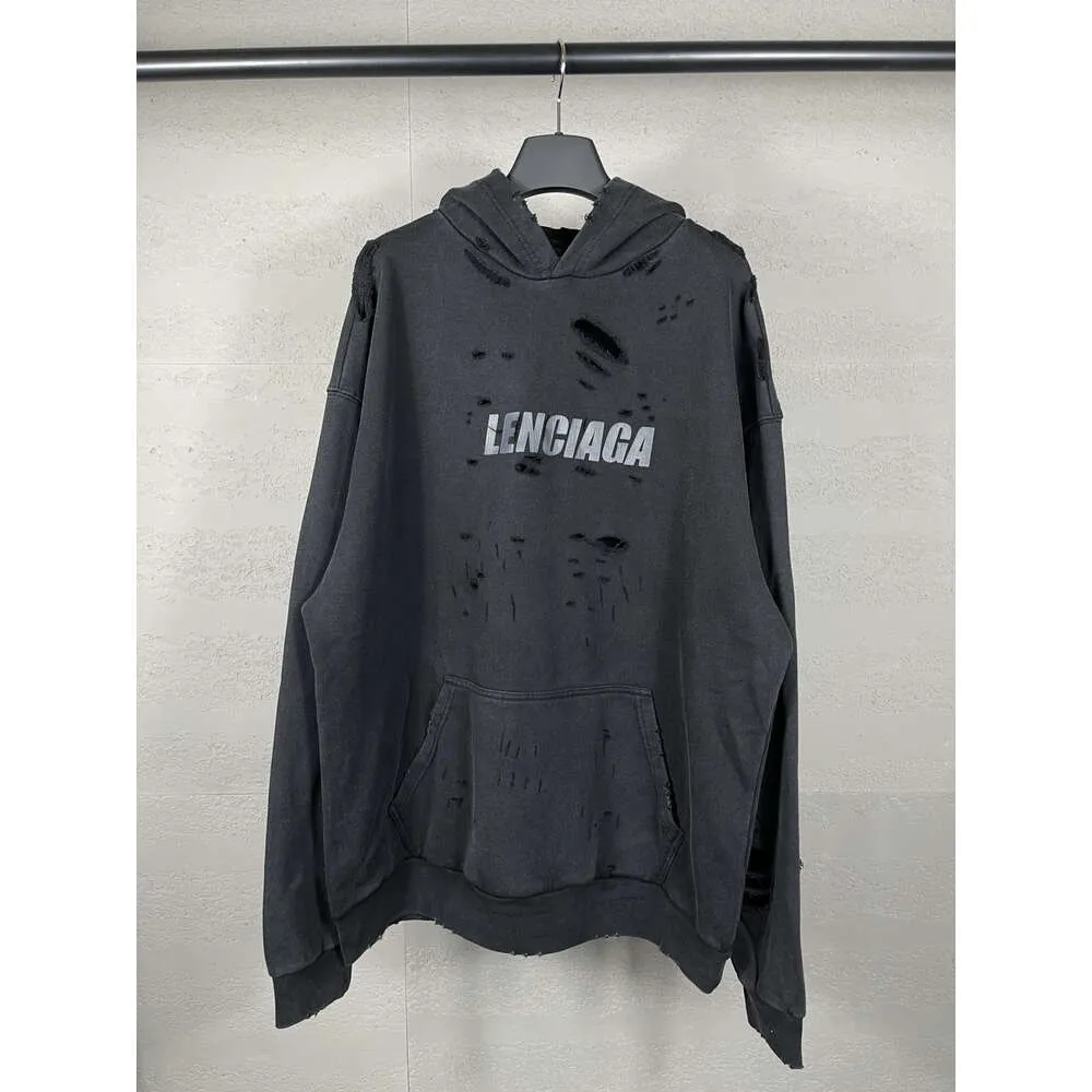 Ontwerper Hoodie Balencigs Fashion Hoodies Hoody Mens Sweaters Hoge kwaliteit Correcte versie 23SS Nieuwe klassieke print Wasbaar Old Hole Cut Rotten Hooded SW Khal 1W0M