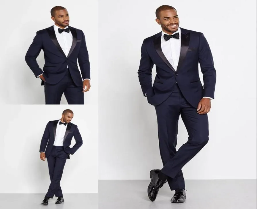 Nouvelle arrivée Dark Navy Mens costumes Slim Fit One Button Groom Weddos Tuxedos pas cher Deux pièces Costume Custom Postspants Bow Tie3799387