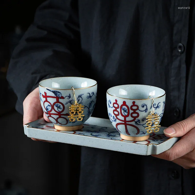 Teaware Sets Blue And White Happy Cups Ceramic Wedding Gifts Kungfu Tea Set Handmade Teacup Accessories 75ml Tray