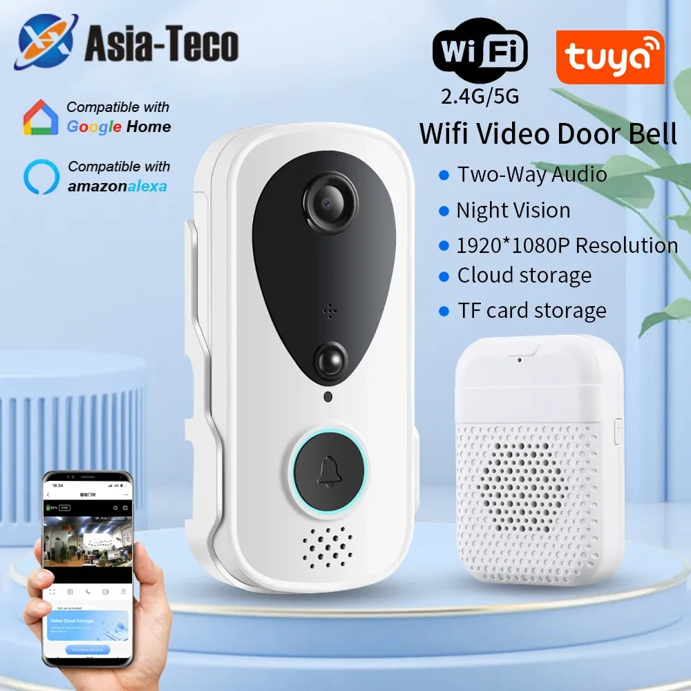 Дверная звонок Tuya Wi -Fi 1080p беспроводная видео дверь Doorled Intercom Smart Home Security Visual Door Bell Pir Camera Водостойение дверного телефона интерком