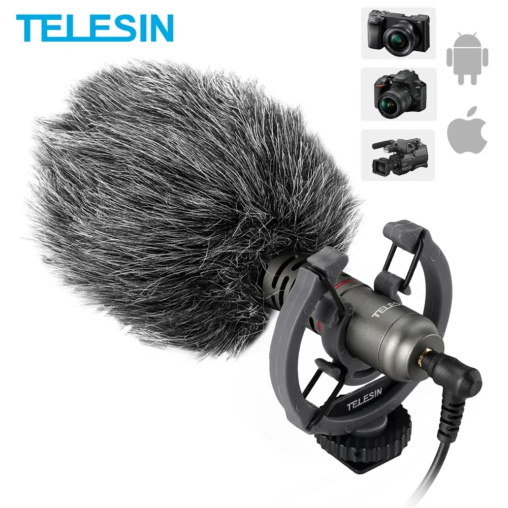 Mikrofoner Telesin OnCamera hagelgevär Mikrofon Vlogging Microphone för iPhone Android -smartphone Canon Sony Nikon DSLR Mac Tablet