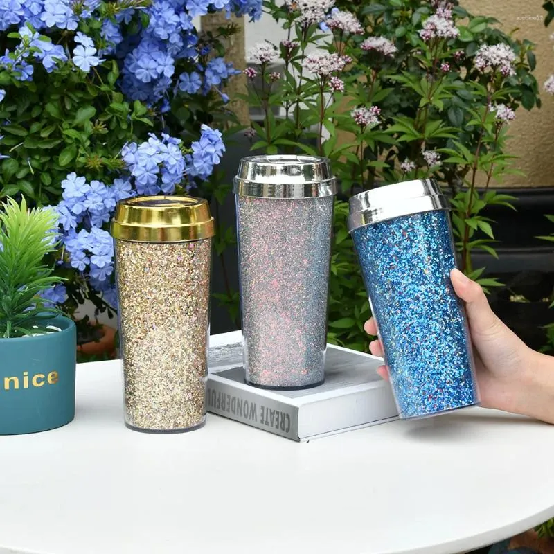 Kupalar Plastik El Kupası Erkekler ve Kadınlar İçin Yaratıcı Çift Kapalı Sızdırmaz Altın Soğan Glitter Kahve Festivali 450ml