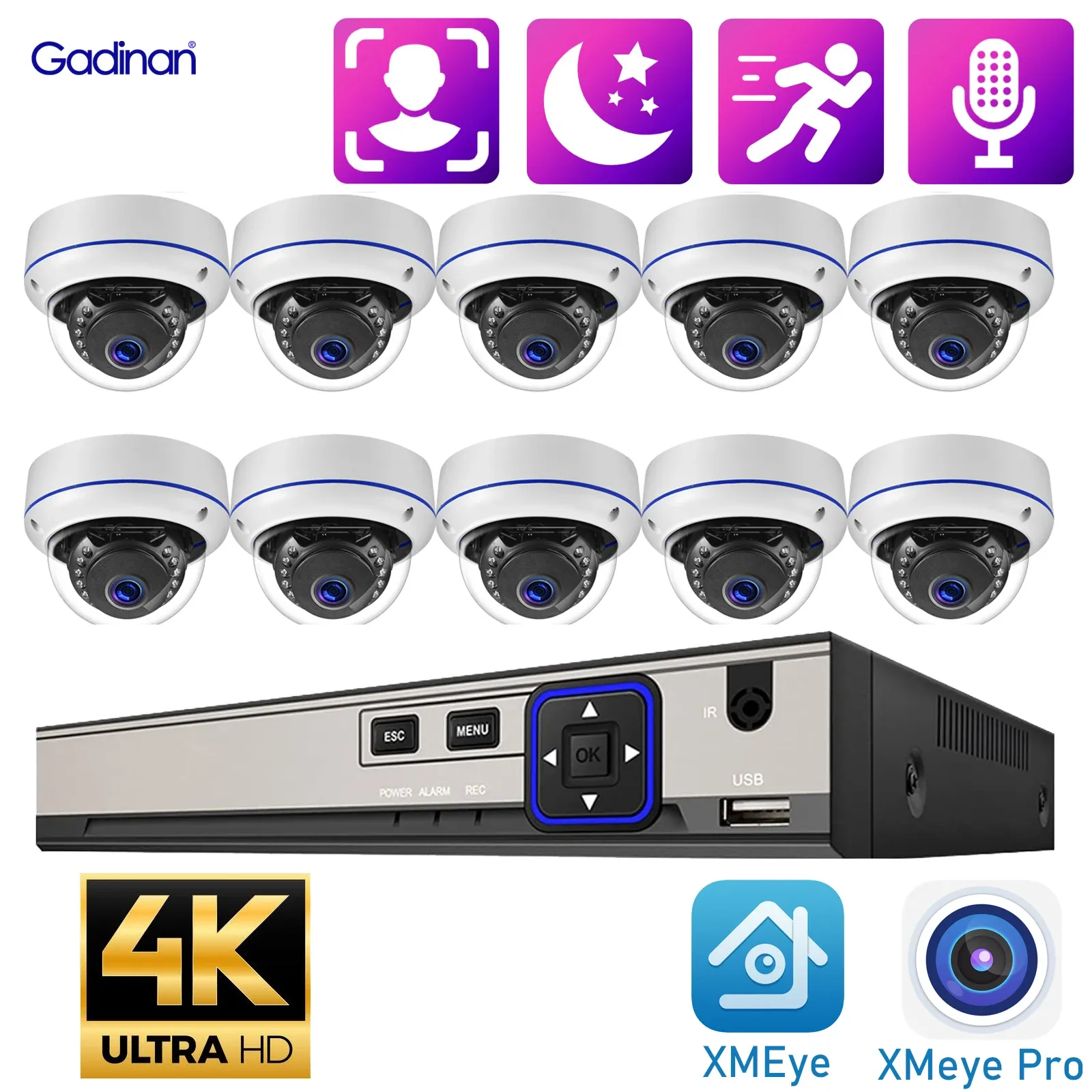 Sistema Gadinan 4K 8MP Dome Segurança Sistema de câmera IP 10CH POE NVR KIT AUDIO RECORDE