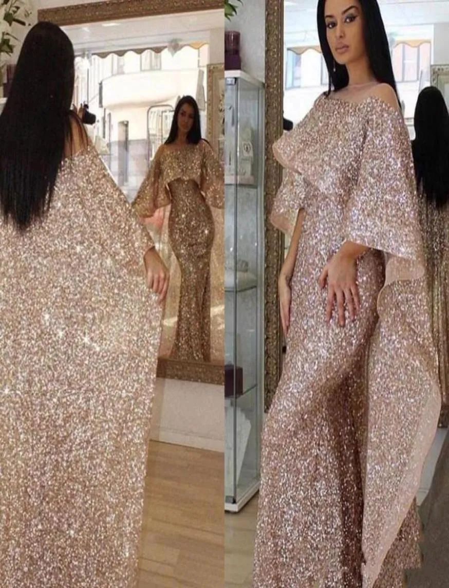 Vestidos de baile de sereia de lantejoulas de ouro rosa de luxo com capa Bling Bling Bling Dubai Oriente Médio Kaftan Mulheres Vestidos de noite formais5222974