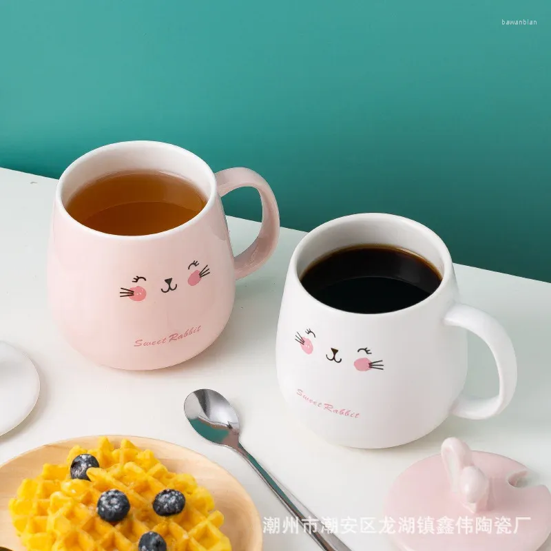 Kupalar 420ml karikatür kulaklar kahve kupa yaratıcı sevimli çift fincan süt ofis kapak kaşık kız hediye seramik