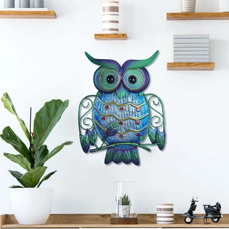 Sculptures Blue Owl Metal Wall Art, Hanging Animal Sculpture, Statue of Garden, Living Room, Gift