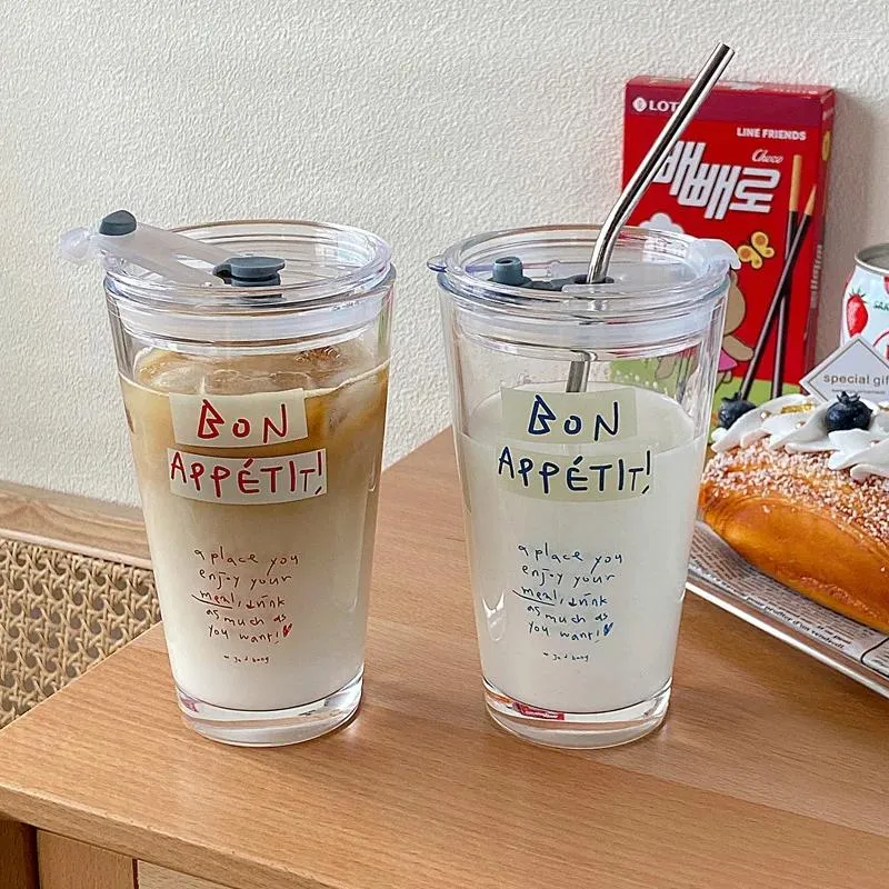 Wine Glasses Heat-resistant Glass Water Cup With Lid Straw Creative Alphabet Milk Juice Household Cute Puppy Bottle Coffee Mug