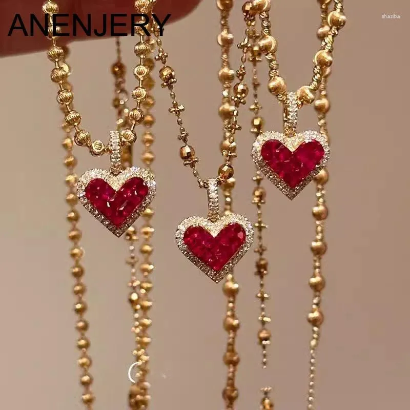 Kedjor Anenjery Red Zircon Shine Heart Shaped Pendant Necklace For Women Fashion Y2K Design CLAVICLE CHAIN ​​Girls Birthday Presents