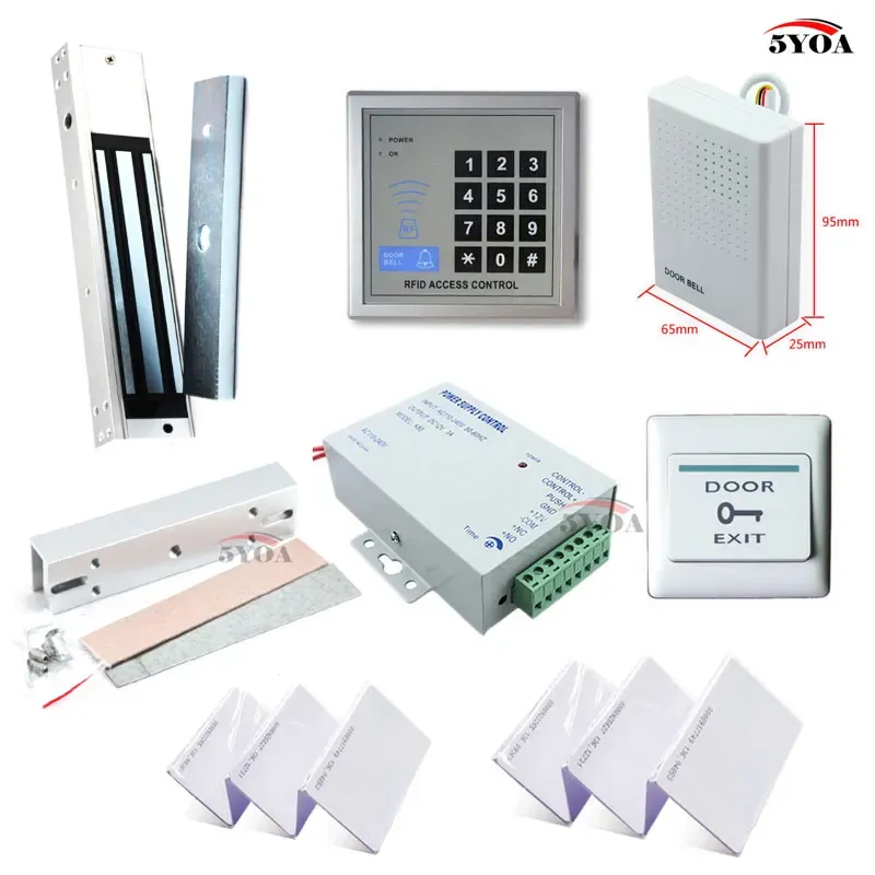 KITS RFID Sistema de controle de acesso RFID Conjunto de portas de vidro+bloqueio magnético eletrico+cartão de identificação keytab+fornecedor de alimentação+botão de saída+campainha