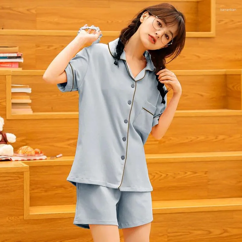 Home Clothing Blue Cotton Sleep Set Sweet Lady Pajamas Suit Short Sleeve 2pcs Solid Simple Clothes Bride Nightwear Casual Sleepwear