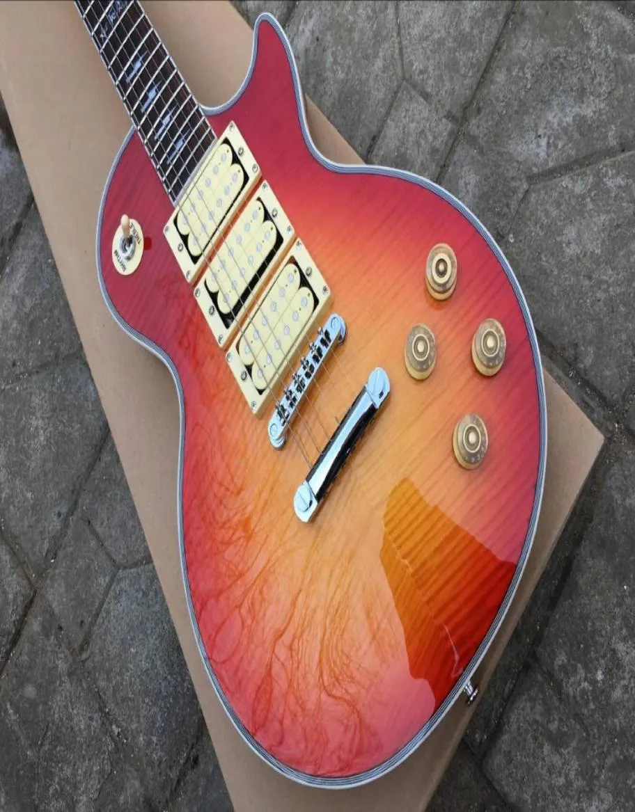 Ace Frehley firma Cherry Sunburst Flame Maple Top Guitar Guitar Guitar Specchio posteriore Cover 3 Pickup Humbucker Grover Tuner Chrom8593408