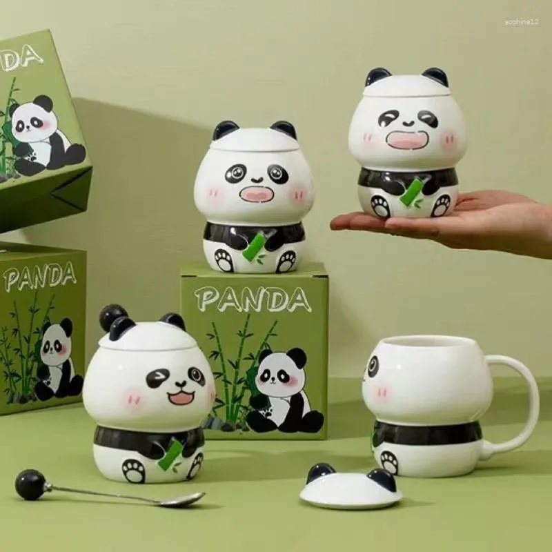 Mugs Embossed Panda Mug Ceramic With Lid Spoon For Men And Women Couple Birthday Gift Set