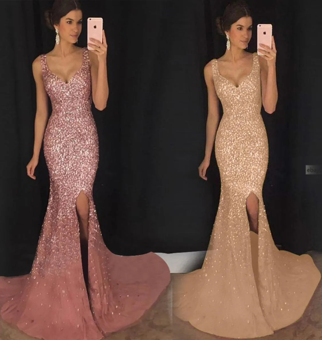 Robe de Sheriee Nouvelles robes de soirée à paillettes Goldpink 2020 sirène Vneck Elegant Femmes Forme Fête Long Robes Abendkleider Che2745752