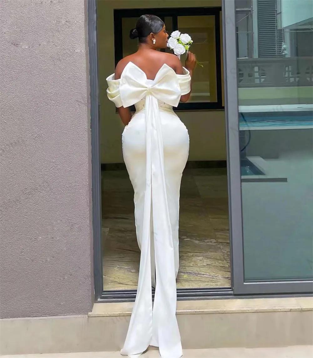 bridesmaid dresses with bow on shoulder One Shoulder Black Wedding Dresses With Big Bow – TANYA BRIDAL main image 0