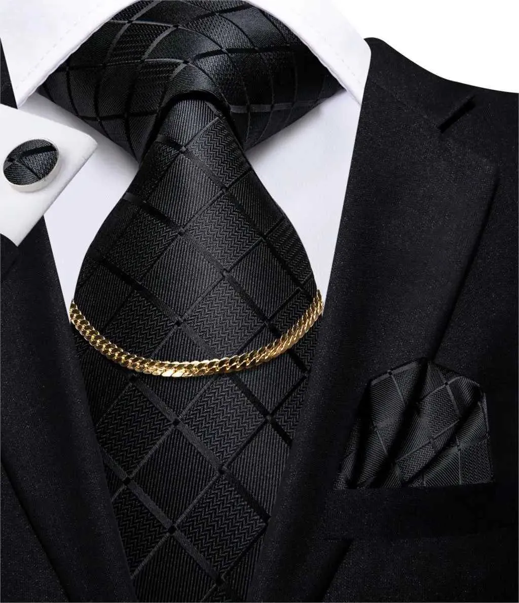 ترابط الرقبة HI TIE Business Black Luxury Plate Pattern Mens Tie Silk Necklace Necklace Tie Tie Stain Hanky ​​Cufflinks مجموعة Mens Design Design GiftC240407