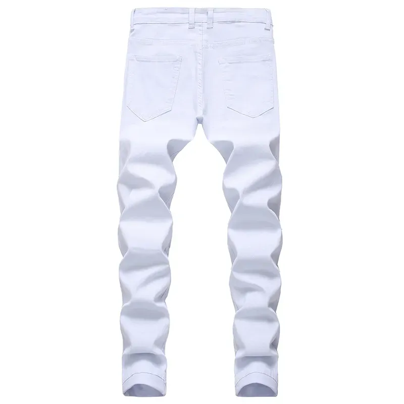 Mens White Black Distressed Holes Skinny Jeans Full Length Denim Pants Street Style Trousers Wholesale