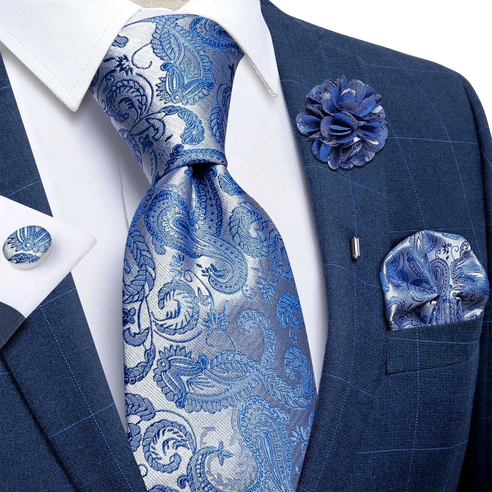 Ties cravatte blu in argento paisley cravatta da uomo cravatta lussuosa seta larga seta tasca gemella quadrata set maschili natalizi da uomo marrone regalo di Natalec240407