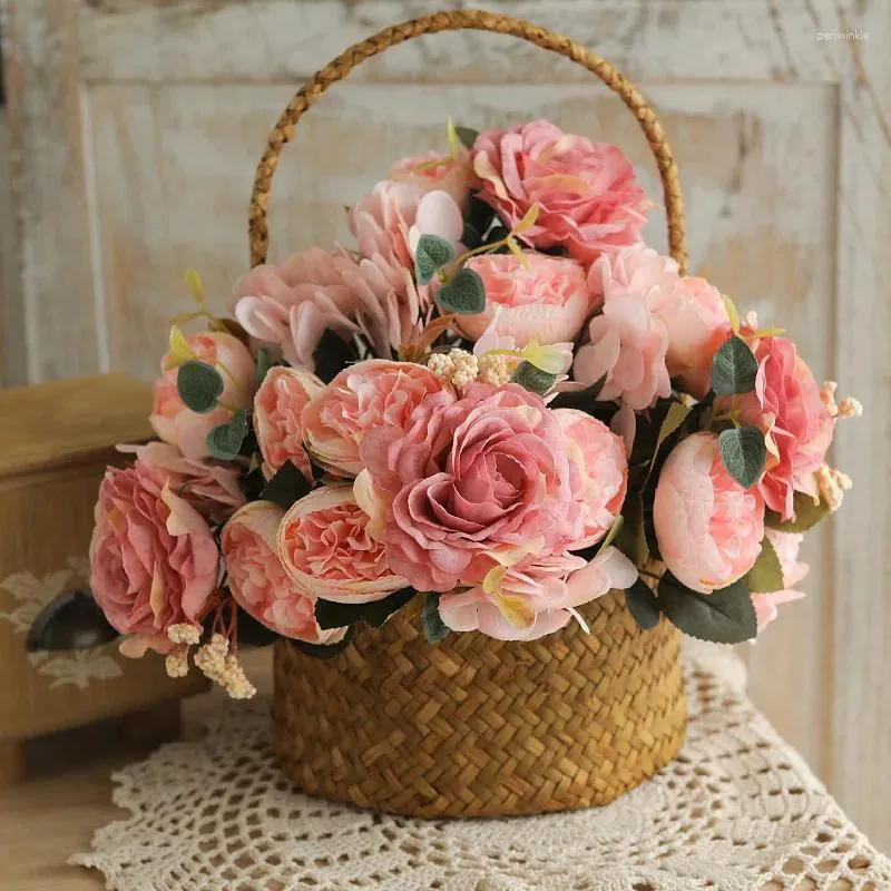 Decorative Flowers Artificial Peony Faux Silk Hydrangea Bouquet Vintage Wedding Home Table Decor Valentine Birthday Party