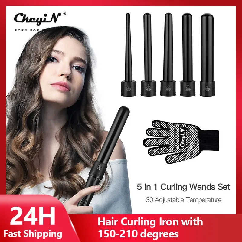 Strijkijzers 5 in 1 Haar kruller Professionele verwisselbare krullen ijzeren toverstok Set 5 vaten 9 mm/19 mm/32 mm Hair Curling Wand met handschoen 45