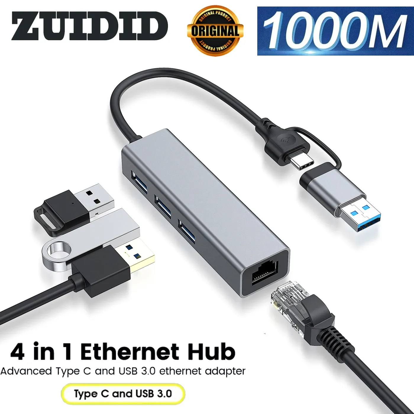 Skrivare Zuidid USB C Ethernet Adapter 1000Mbps Network Card USB3.0 HUB RJ45 LAN för bärbar dator PC Lenovo Xiaomi Mi Box Book USBC Hub