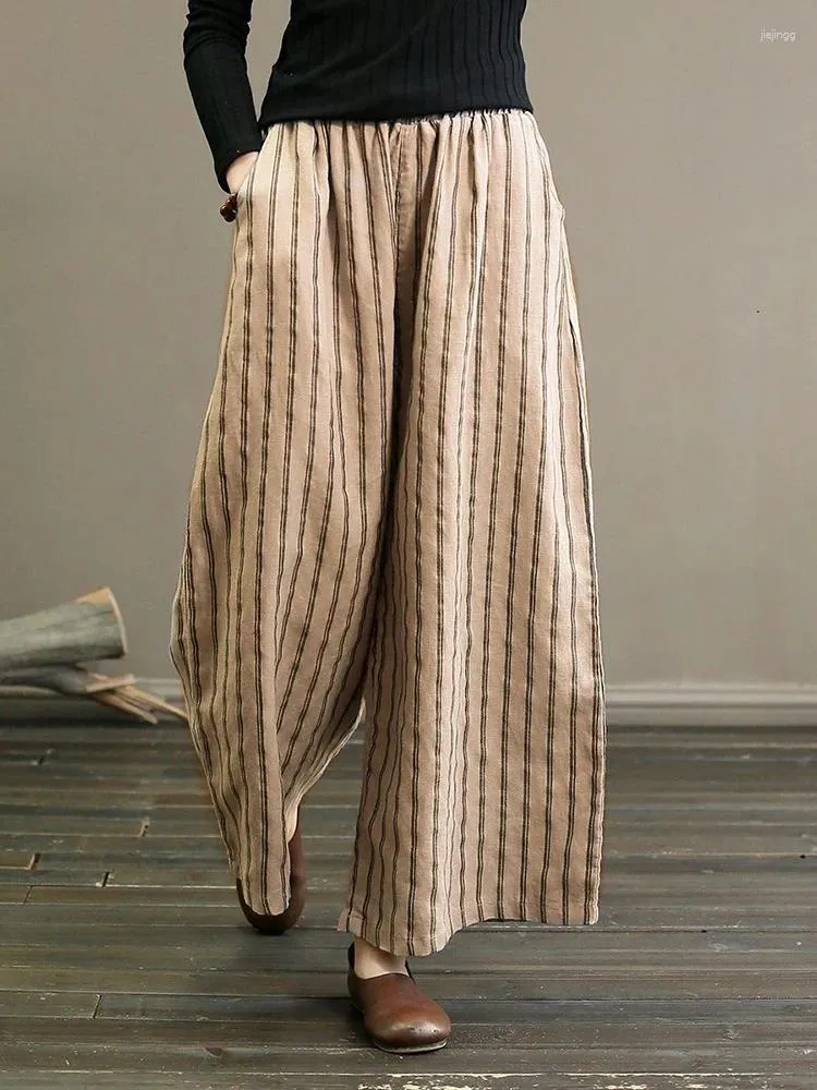 Pantalon féminin pantalon large à rayures vintage pour femmes 2024 automne haute taille Capri avec imprimé 4xl coton lin slim à la maison