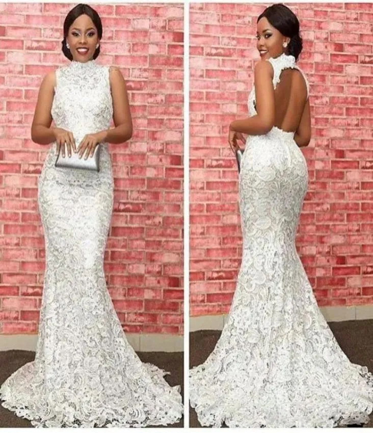 Elegance White Lace Prom -klänningar Fashion High Neck Hollow Backless Mermaid aftonklänning Glamorösa sydafrikanska festklänningar för 6368380