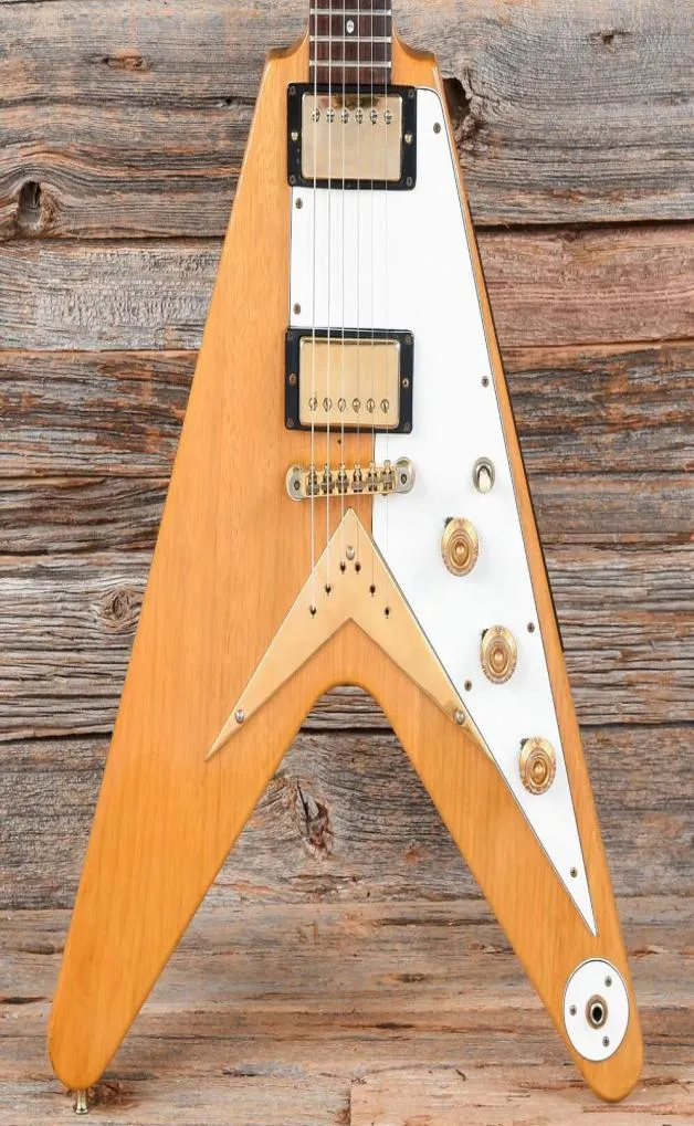 Promotion Flying V Heritage Natural Korina 1983 Electric Guitar White Pickguard Little Pin ABR 1 Bridge String Thru Body Gold7584269