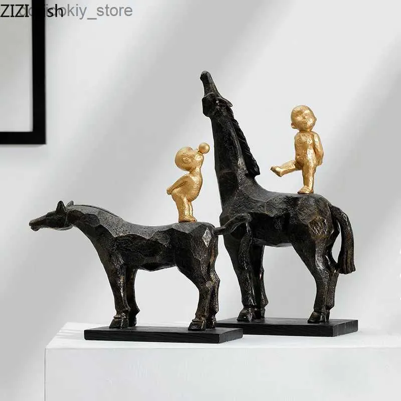 Arts et artisanat résine sculpture humaine simulation de cheval animal ancien homme enfant abstrait décoration décoration moderne accessoires de décoration de maisonl2447