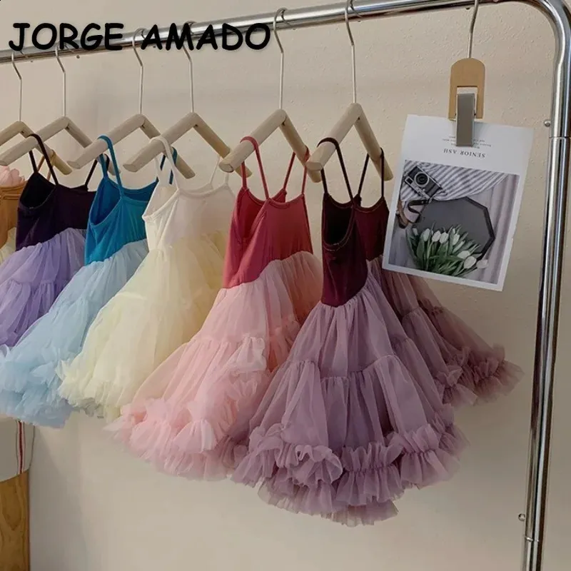 Summer Kids Girl Dress Sling ärmlös puffy kjol Suspender Gaze Princess Ballet Utför Tututu kjol H4500 240325