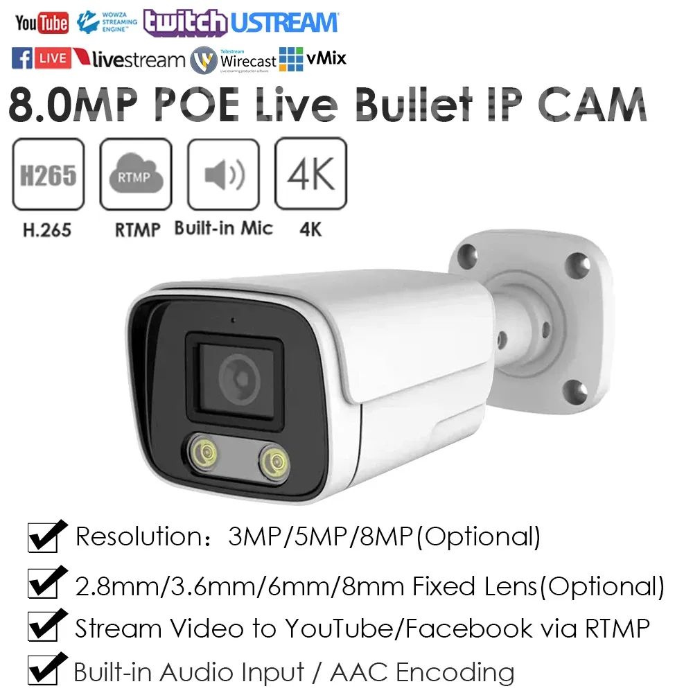 Kameror Poe IP -kamera 4K 8MP RTMP CCTV LIVE STREAMING PUSH VIDO till YouTube/Facebook Security Onvif Outdoor Human Detect Buildin Mic Mic