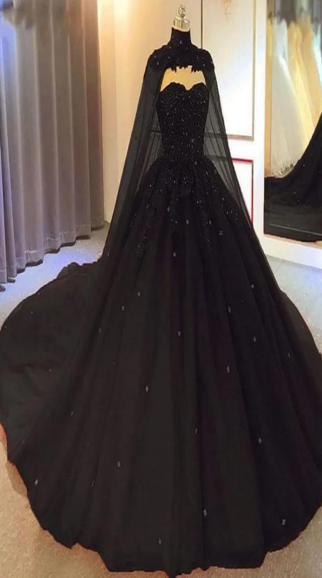 2021 Arabic Sexy Black Gothic A Line Wedding Dresses Quinceanera Dress Dark Red Sweetheart Lace Appliques Beads With Cape Plus Siz8506221